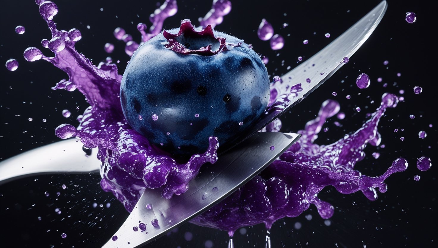 Macro-photo des lames d'un mixeur coupant une myrtille, révélant une rupture de la structure cellulaire. Photographie à haute vitesse avec effet d'éclaboussure sur fond sombre.