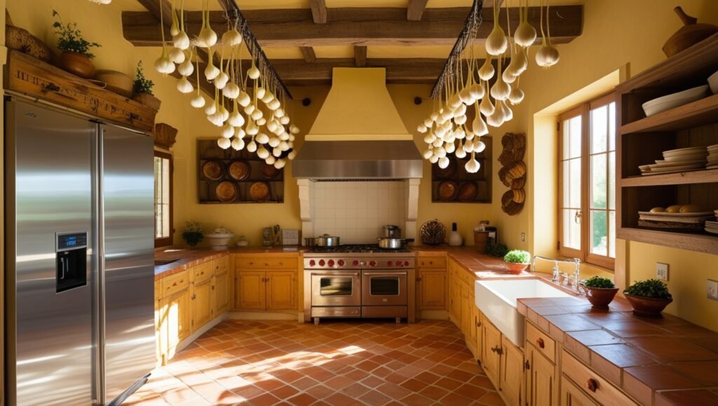 Plan grand angle d'une cuisine provençale ensoleillée, avec carrelage en terre cuite, tresses d'ail suspendues et électroménager en inox impeccable. Sans texte, lumière naturelle chaleureuse