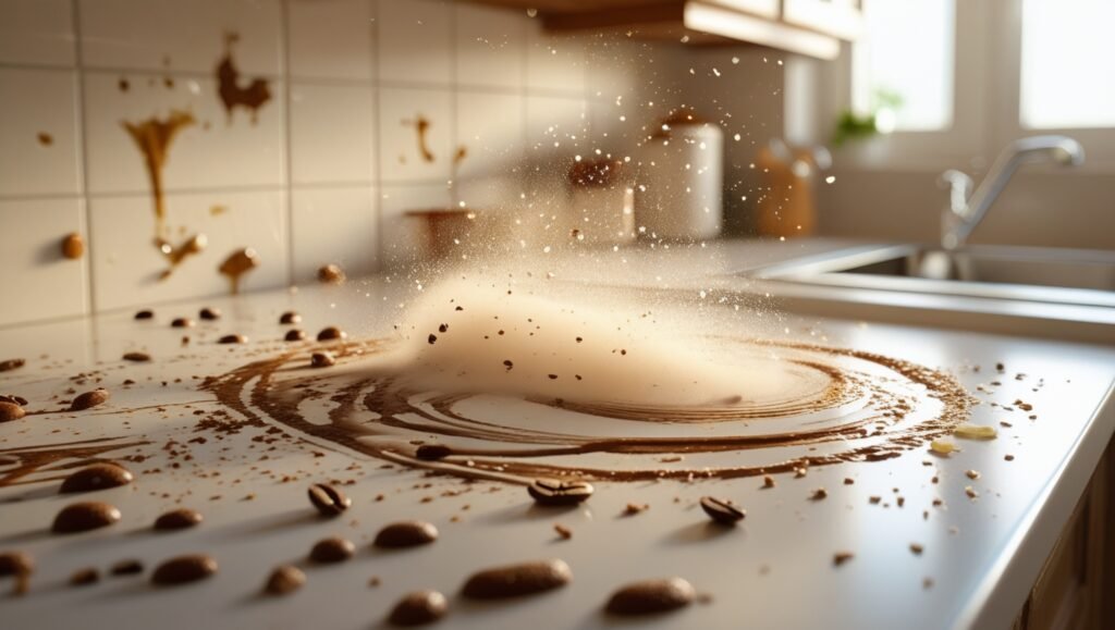 Séquence accélérée montrant un comptoir en désordre se transformant en espace propre en 5 minutes. Taches de café disparaissant, miettes balayées