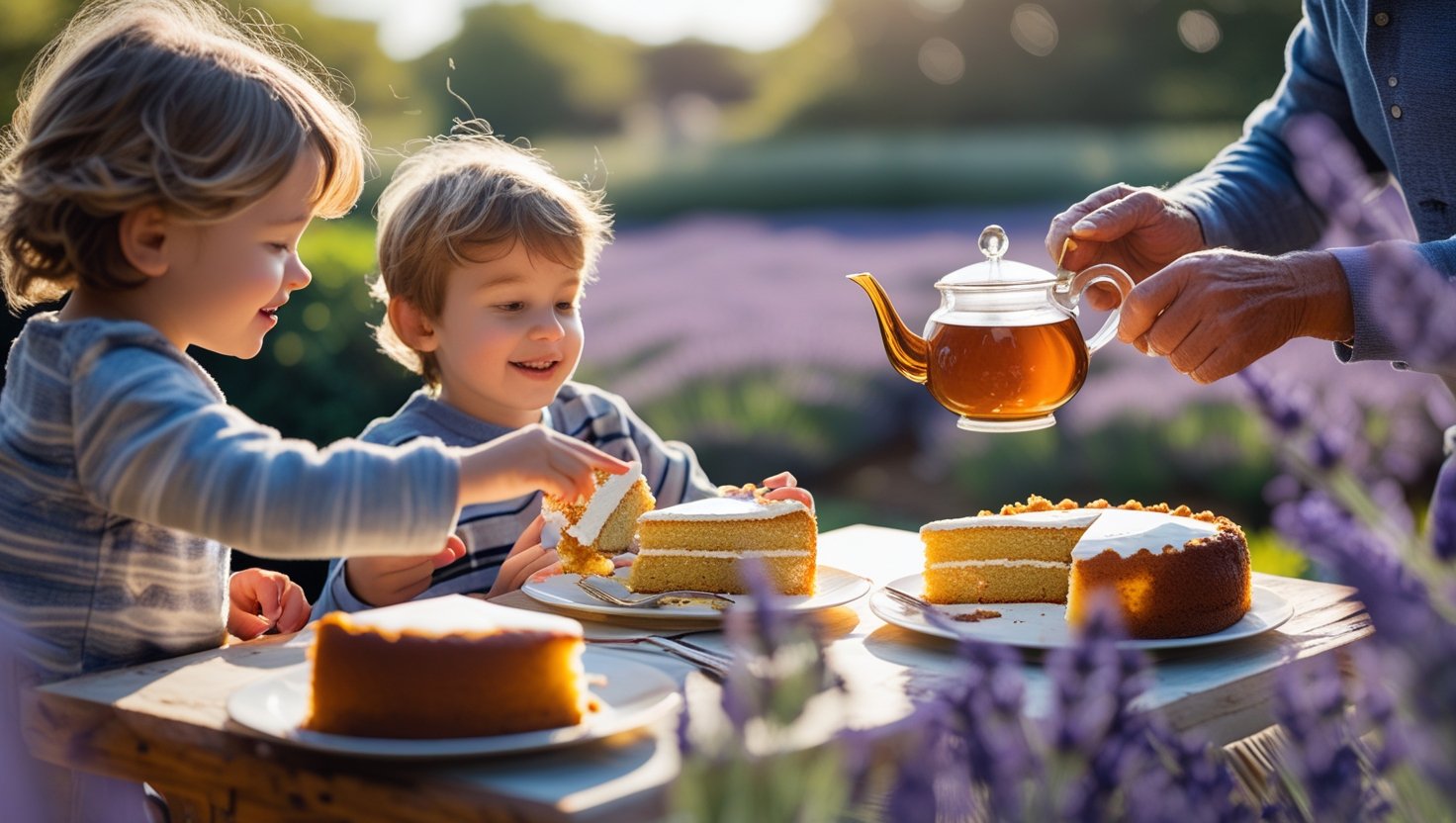 Table de jardin baignée de soleil avec gâteau, thé versé et part en cours de prise. Champs de lavande flous en arrière-plan