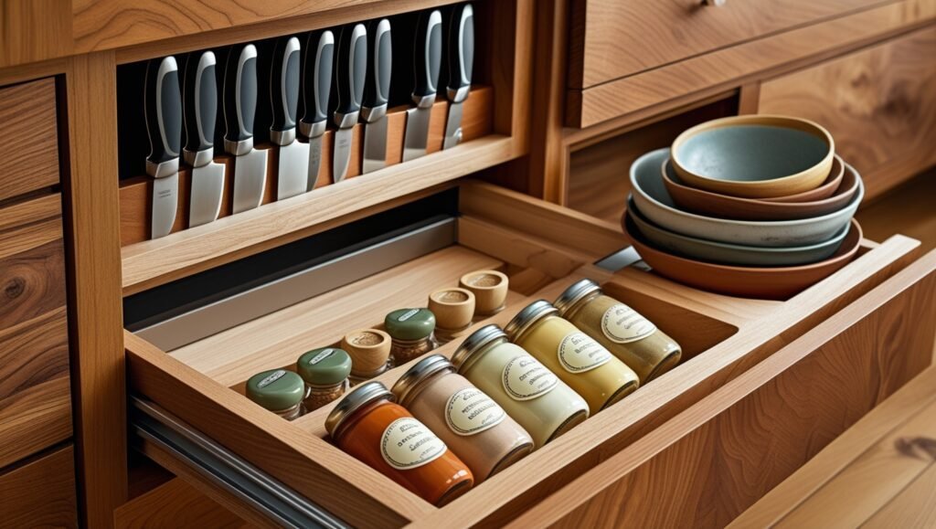 Tiroir coulissant avec bande magnétique pour couteaux, pots à épices étiquetés et bols emboîtables. Fond en bois texturé