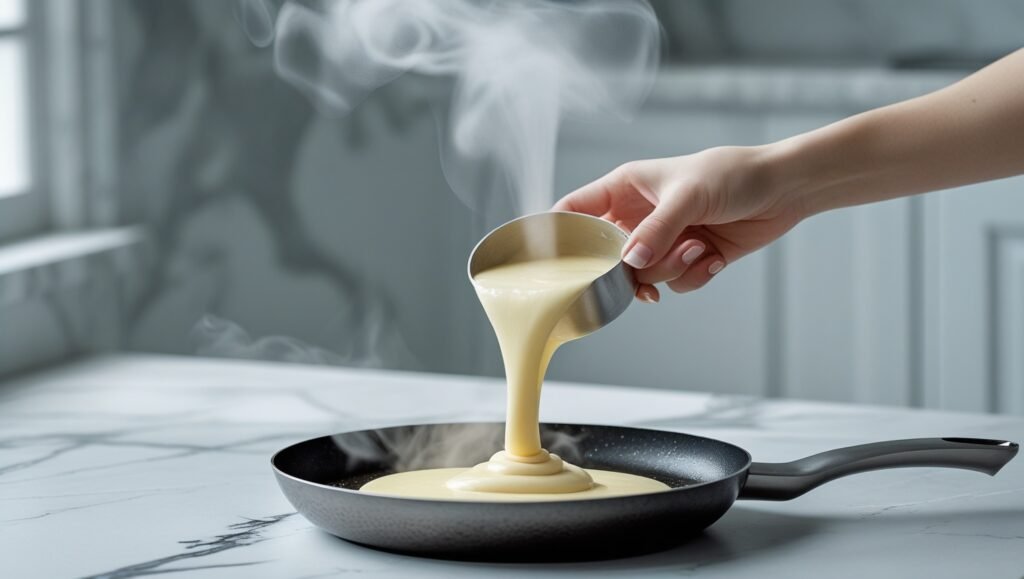 Verser la pâte à crêpes à la main dans une poêle grésillante, vapeur montant, vue aérienne, comptoir en marbre, style minimaliste
