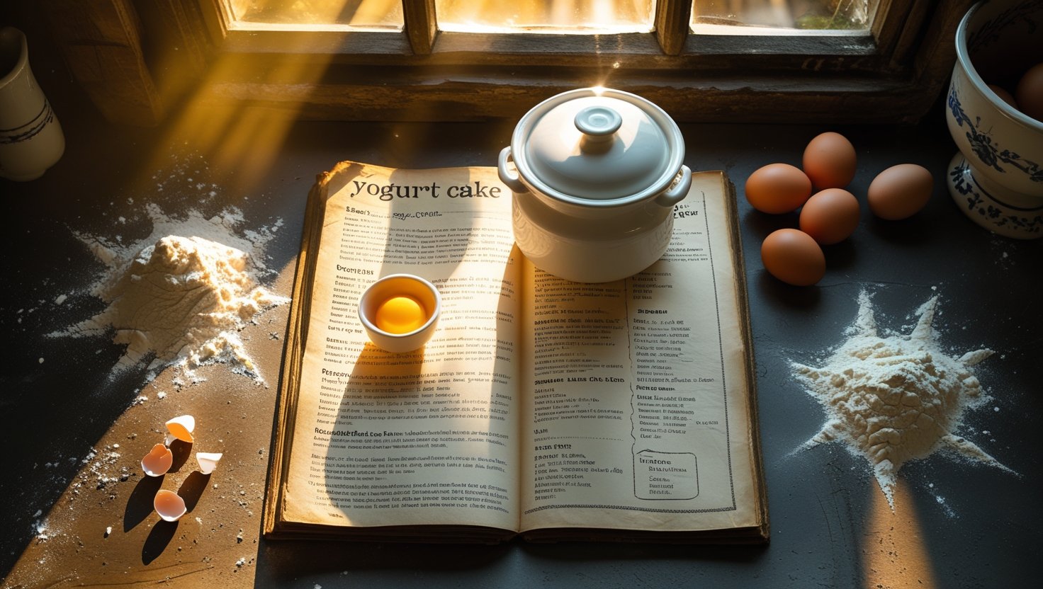 Vue de drone ensoleillée d'un comptoir de cuisine rustique français avec pot de yaourt, livre de recettes, œufs et farine
